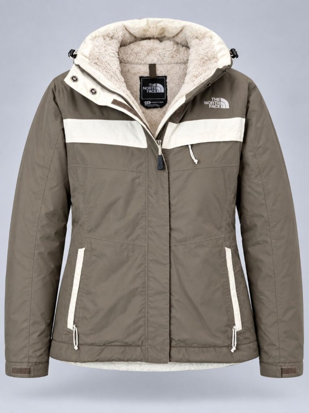 The North Face Inlux Womens Medium Jacket Olive Taupe Brown Hooded Sherpa Lining